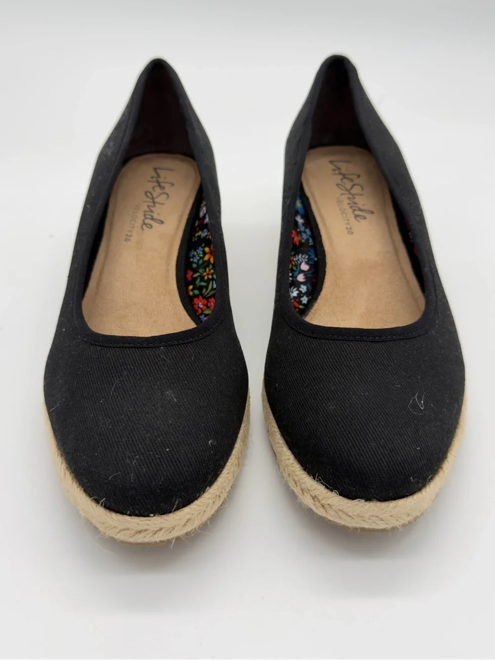 Life Stride Black Canvas Espadrille Wedge Flats with Floral Lining
